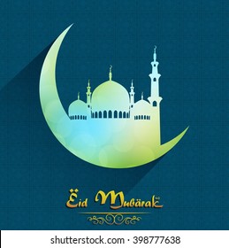 Eid Mubarak with mosque over crescent moon on blue background.Vector