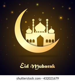 Eid Mubarak with mosque over crescent moon