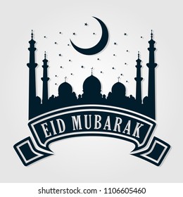 Eid mubarak. Mosque silhouette and crescent moon. Vector illustration.