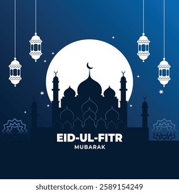 Eid Mubarak Mosque Silhouette with Crescent Moon and Lanterns