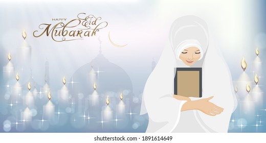 Eid Mubarak with mosque silhouette with Female muslim prayer praying to God,Muslim Woman with the holy Quran for eid mubarak happy life Ramadan or ramazan kareem.Eid ul Fitr or ul Adha. Islam religion