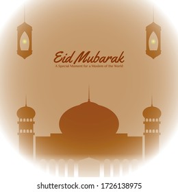 Eid Mubarak with mosque silhouette and lantern ornament.(English translate:Eid Mubarak-Blessed Holiday).vector illustration