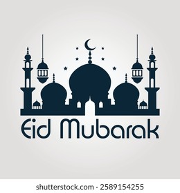 Eid Mubarak Mosque Silhouette with Lanterns and Crescent Moon
