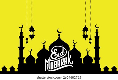 eid mubarak mosque silhouette vector, islamic festival yellow background, eid celebration design clipart