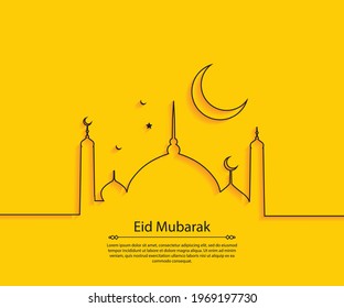 eid mubarak mosque, star, moon line art yellow plain background