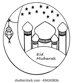 Eid mubarak with mosque and star using doodle style, hand drawing