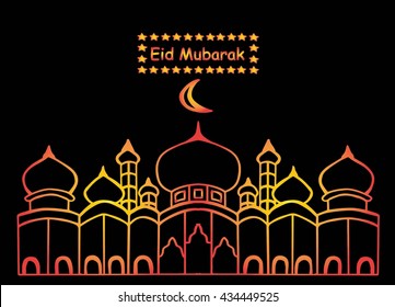 Eid mubarak with mosque and star using doodle style, hand drawing