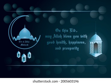 Eid mubarak with mosque upon moon on bluish background, vector illustration
