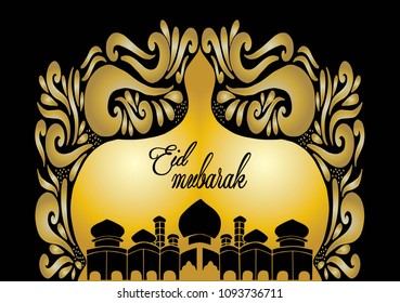 Eid mubarak with mosque using doodle style, hand drawing