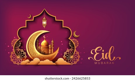 Eid Mubarak Muslim art greetings with golden mosque and maroon background wallpaper. abstract vector illustration design.