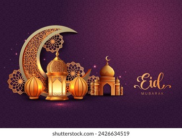 Eid Mubarak saludos de arte musulmán con la mezquita de oro y el fondo de pantalla violeta.