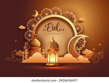 Eid Mubarak Muslim art greetings with golden mosque and brown background wallpaper. abstract vector illustration design.