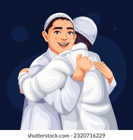 Eid Mubarak, Muslim boy hugging and wishing each other on the occasion of Eid, Vector character design on the occasion of Eid-ul-Adha for Festival of Sacrifice celebration.