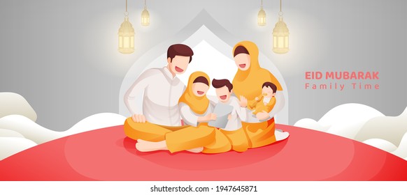 Eid Mubarak Muslim Celebration Family Gathering Together Illustration