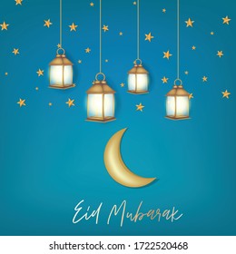 Eid Mubarak muslim greeting card. Calligraphy in arabic. Hanging lanterns, moon, and golden stars. Islamic holiday design. Vector illustration.