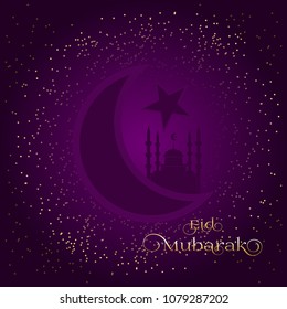 Eid Mubarak. The Muslim holiday. A month, stars in the purple sky and a mosque