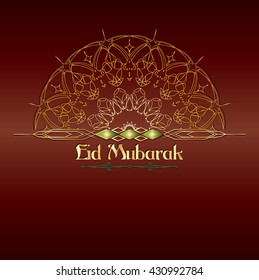 Eid Mubarak - muslim islamic holiday celebration greeting card or wallpaper with golden arabic calligraphy and lace oriental arabesque ornament