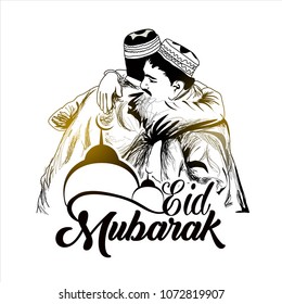 Eid mubarak, Muslim man hugging and wishing to each other on occasion of Eid, Eid al-Fitr,  with mosque, Hand Drawn Sketch Vector illustration