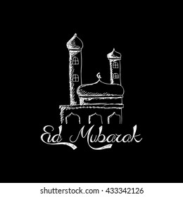 Eid mubarak with muslim mosque. Hand drawing illustration.