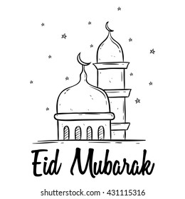 Eid mubarak with muslim mosque and star using doodle art