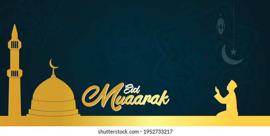 Eid Mubarak Navy Blue Background with the golden building.