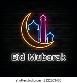 Eid Mubarak Neon Sign. Design Element. Light Banner. Announcement Neon Signboard.