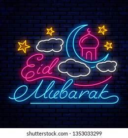 Eid Mubarak Neon Signboard. Vector Banner Neon Sign.