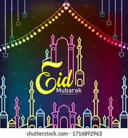 Eid Mubarak neon  vector.Happy Eid Mubarak festive card design template in modern trend style.