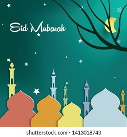 Eid Mubarak at the night and light moon, Islamic beautiful design template, paper art vector illustration, background for poster, greeting card, banner, flyer 