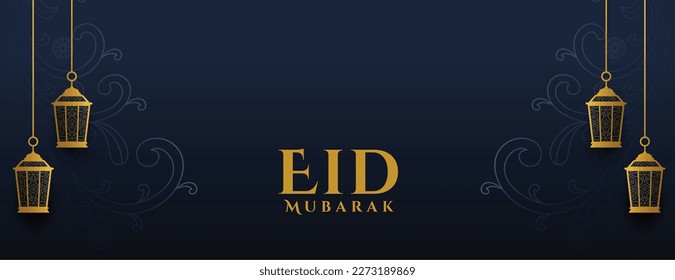 eid mubarak banner ocasional con vector de lámpara colgante islámica 