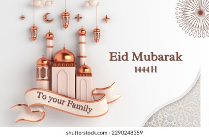 Eid mubarak on white light background with mosque and lantern moon
