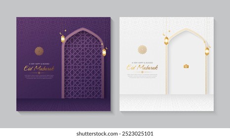 Tarjetas de felicitación ornamentales de Eid Mubarak con el modelo islámico y el marco decorativo de la foto