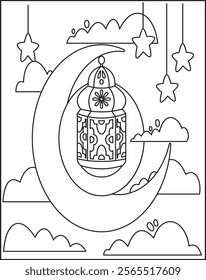 Eid Mubarak in outline Design vector art and illustration Coloring Page For Kids.
