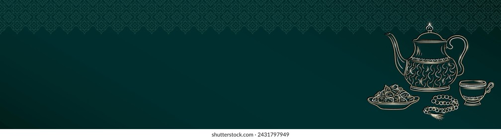 Banner panorámico de Eid Mubarak con hervidor de agua árabe antiguo lineal de oro dibujado a mano, taza de té, rosario musulmán rezando cuentas y dátiles en un tazón como plato para Iftar. Cabecera verde de Ramadan Kareem con espacio de copia