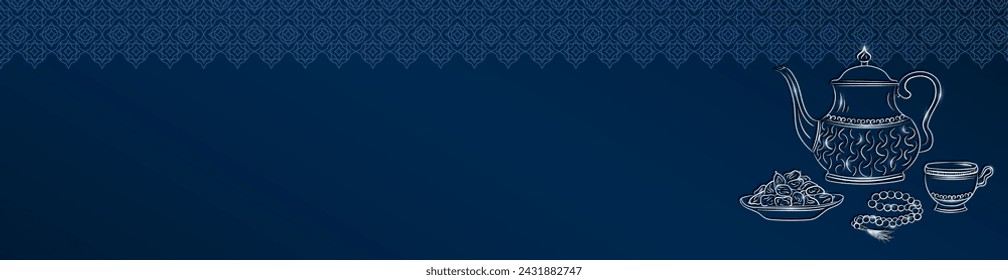 Banner panorámico de Eid Mubarak con hervidor árabe antiguo de plata lineal dibujado a mano, taza de té, rosario musulmán rezando cuentas y dátiles en un tazón como plato para Iftar. Cabecera azul de Ramadan Kareem con espacio de copia