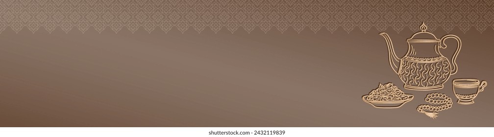 Banner panorámico de Eid Mubarak con hervidor de agua árabe antiguo de oro dibujado a mano, taza de té, rosario musulmán rezando cuentas y dátiles en un tazón como plato para Iftari. Encabezado kareem de Ramadán con espacio de copia