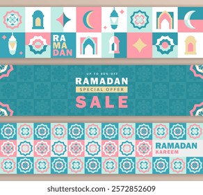 Eid Mubarak panoramic banners set with Islamic patterns, mosque arch, crescent moon, lanterns and floral motifs in pastel teal, pink, white with Ramadan Kareem text and sale header with modern design