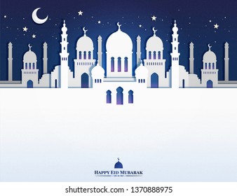 Eid mubarak paper art design with beautiful white mosque