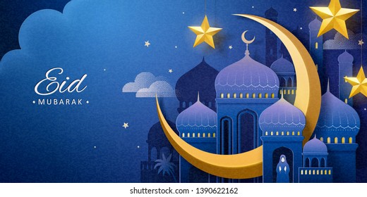 Mesquita noturna de arte em papel Eid Mubarak e decorações crescentes