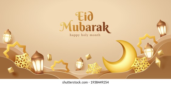 Eid Mubarak paper graphic of islamic festival design with crescent moon and islamic decorations.