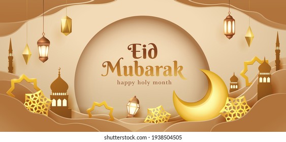 Gráfico de papel de Eid Mubarak en el diseño de un festival islámico con decoración de luna creciente y decoración islámica.