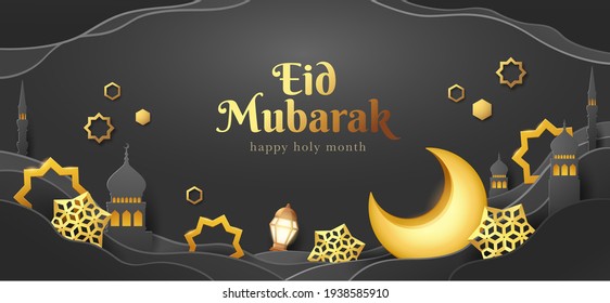 Eid Mubarak paper graphic of islamic festival design with crescent moon and islamic decorations.
