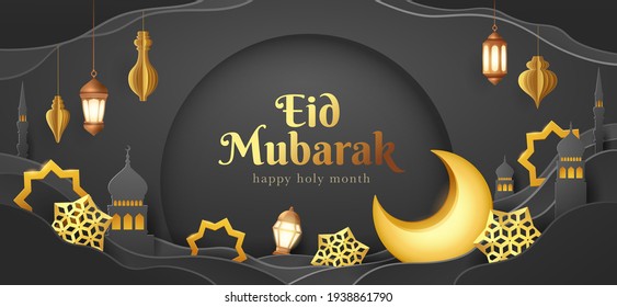 Eid Mubarak paper graphic of islamic festival design with crescent moon and islamic decorations.