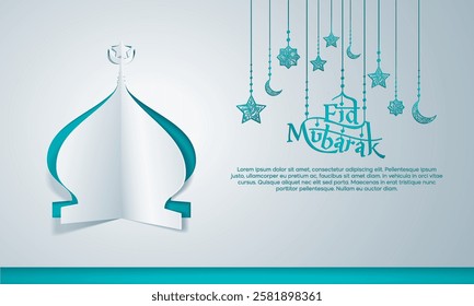 Eid Mubarak Papercut Style with Islamic Crescent Star Floral Pattern for Banner, Greeting Card