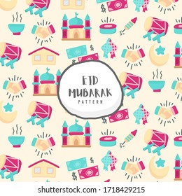 Eid mubarak pattern with cute colorful icon 