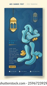 Eid Mubarak. Portrait web banner design for eid mubarak with cartoon arabic typography in blue design. arabic text mean is your eid mubarak