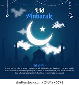 Volante del post de Eid Mubarak. Diseño de banner web de medios sociales islámicos. Ilustración vectorial de fondo islámico con hermosa mezquita, estrellas, luna y linternas.