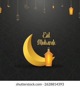 Elegante vetor Eid Mubarak com lua crescente dourada, lanterna tradicional e ornamentos suspensos em um fundo geométrico escuro. Perfeito para saudações festivas de feriado islâmico.