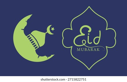 Plantilla de diseño de fondo y Anuncio de carteles de Eid Mubarak con luna creciente, silueta de mezquita e ilustración de caligrafía árabe para la celebración del festival islámico, tarjetas de felicitación y tema de Festiva