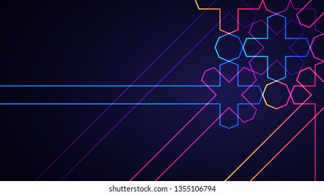 Design de cartaz, banner ou cartão comemorativo de Eid Mubarak. Ilustração em vetor de luz abstrata com padrão islâmico geométrico de néon brilhante para o mês sagrado da comunidade muçulmana Ramadan Kareem